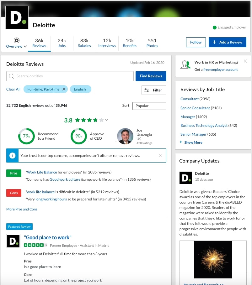Company review on Deloitte on Glassdoor
