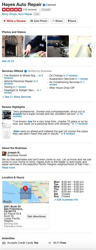 Yelp profile of Hayes Auto Repair