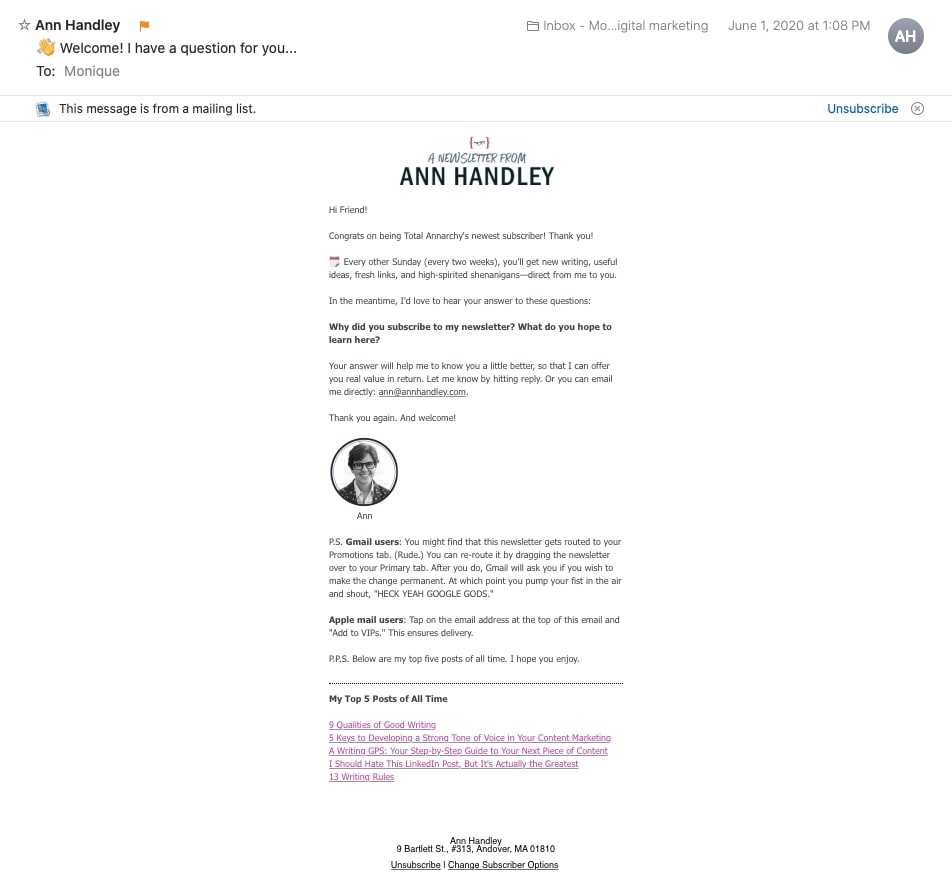 Screenshot of Ann Handley's welcome email